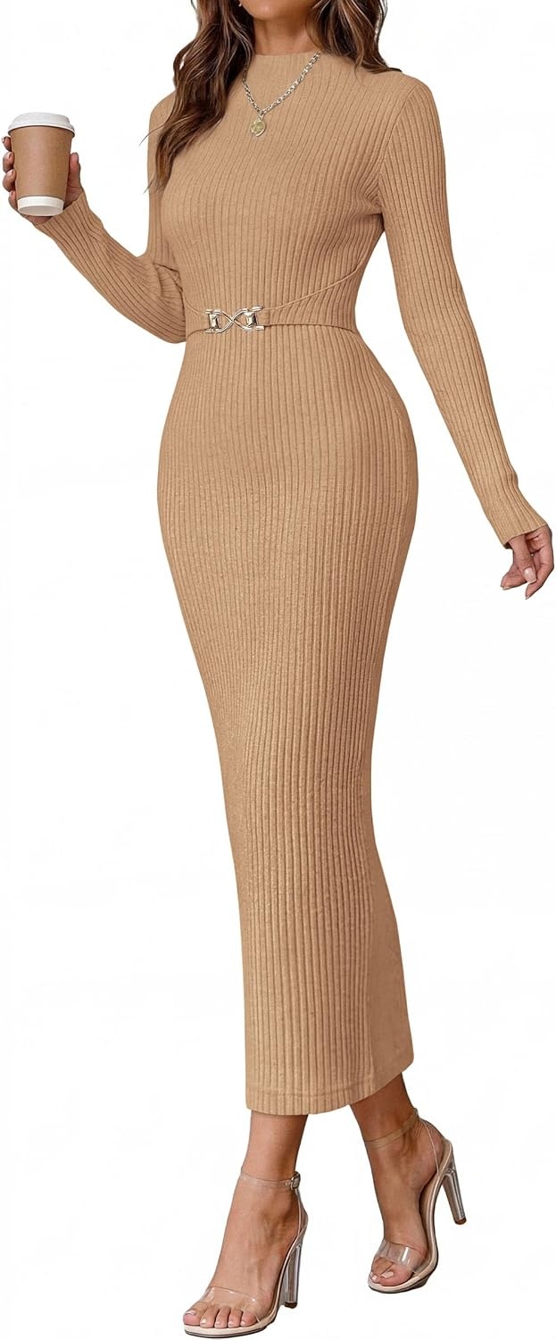 image:imagePRETTYGARDEN Womens Long Sleeve Bodycon Maxi Sweater DressKhaki