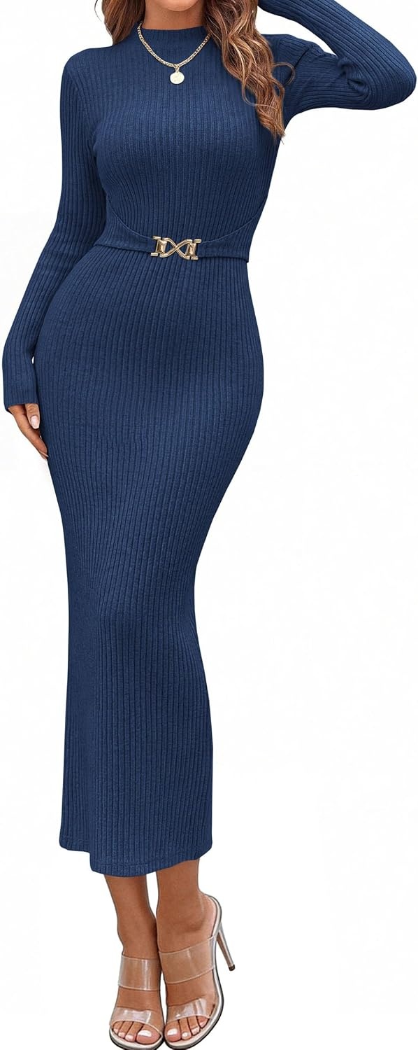 image:imagePRETTYGARDEN Womens Long Sleeve Bodycon Maxi Sweater DressNavy Blue