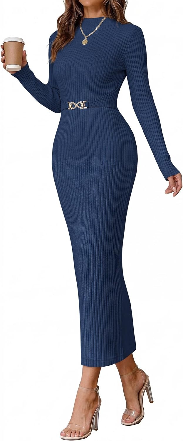 image:imagePRETTYGARDEN Womens Long Sleeve Bodycon Maxi Sweater DressNavy Blue