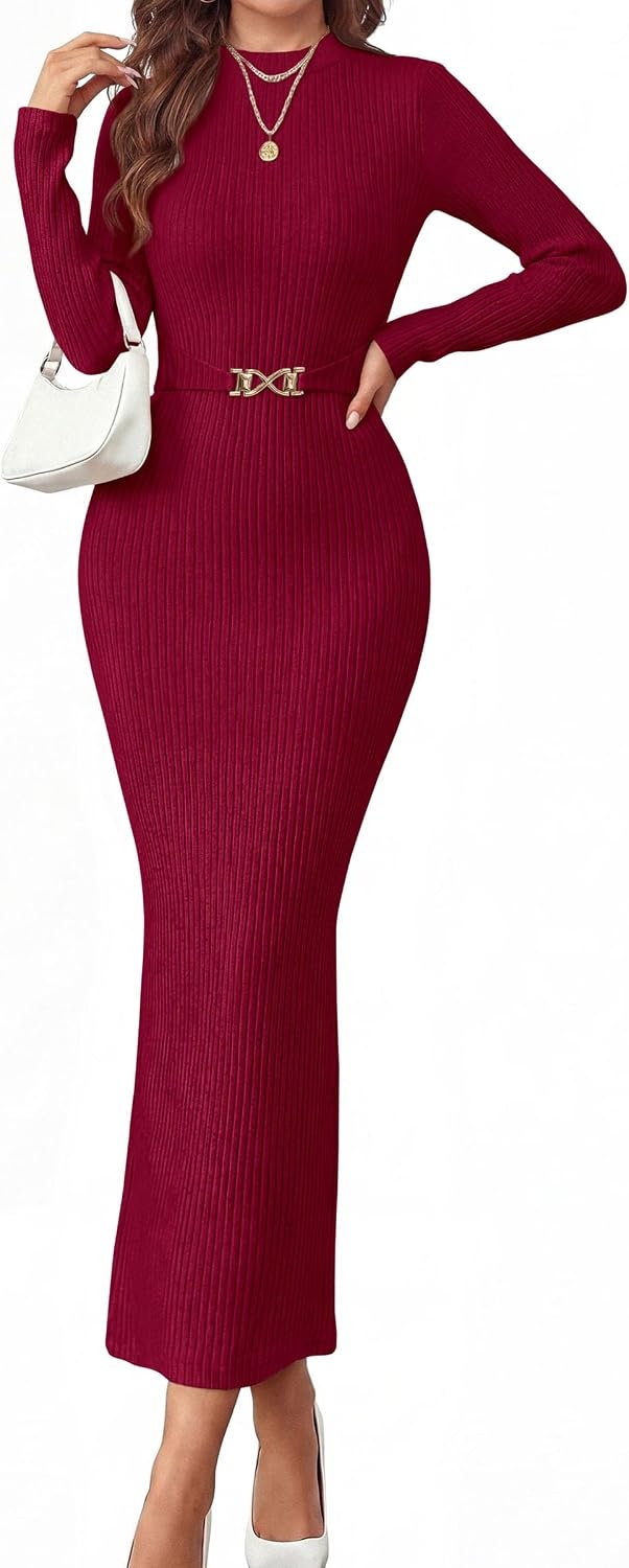 image:imagePRETTYGARDEN Womens Long Sleeve Bodycon Maxi Sweater DressWine Red