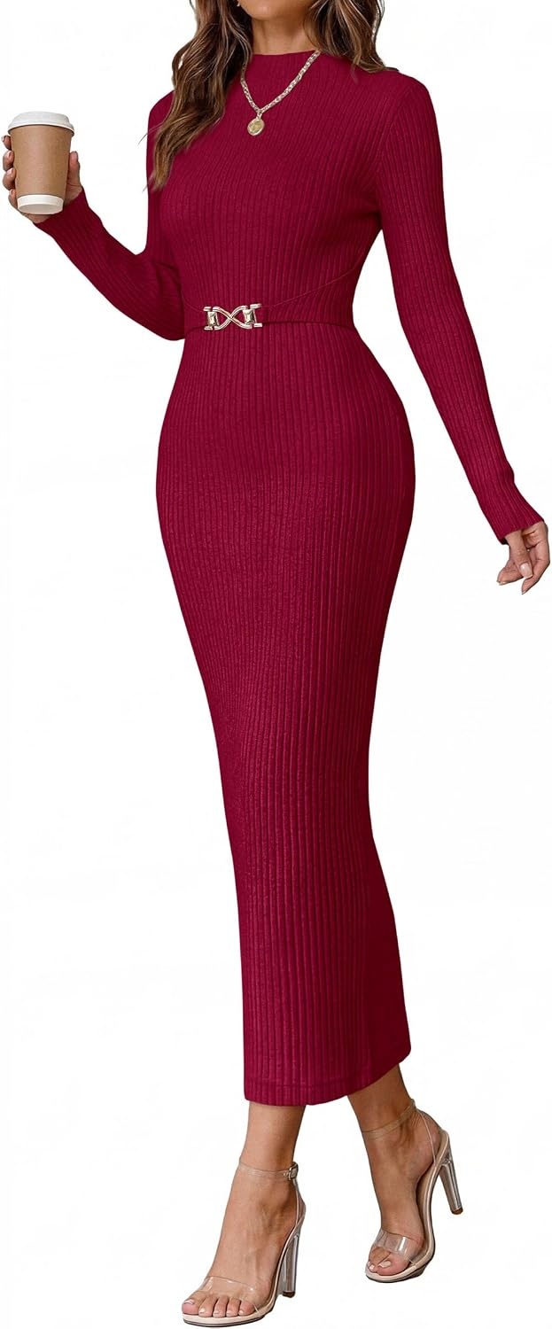 image:imagePRETTYGARDEN Womens Long Sleeve Bodycon Maxi Sweater DressWine Red