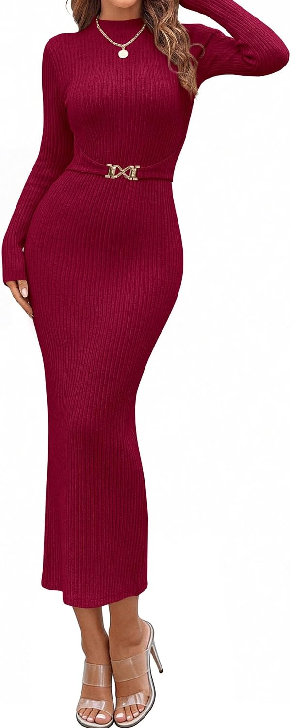 image:imagePRETTYGARDEN Womens Long Sleeve Bodycon Maxi Sweater DressWine Red
