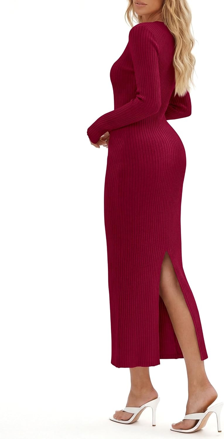image:imagePRETTYGARDEN Womens Long Sleeve Bodycon Maxi Sweater DressWine Red