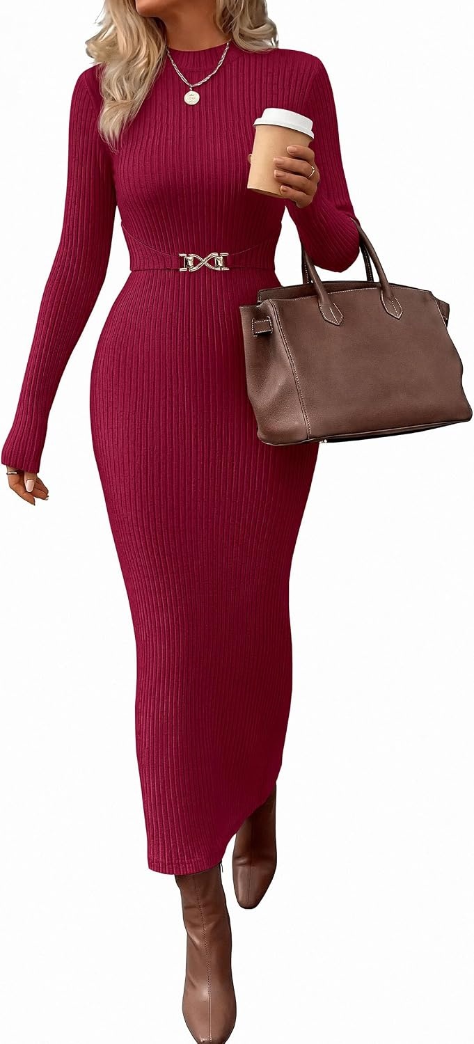 image:imagePRETTYGARDEN Womens Long Sleeve Bodycon Maxi Sweater DressWine Red
