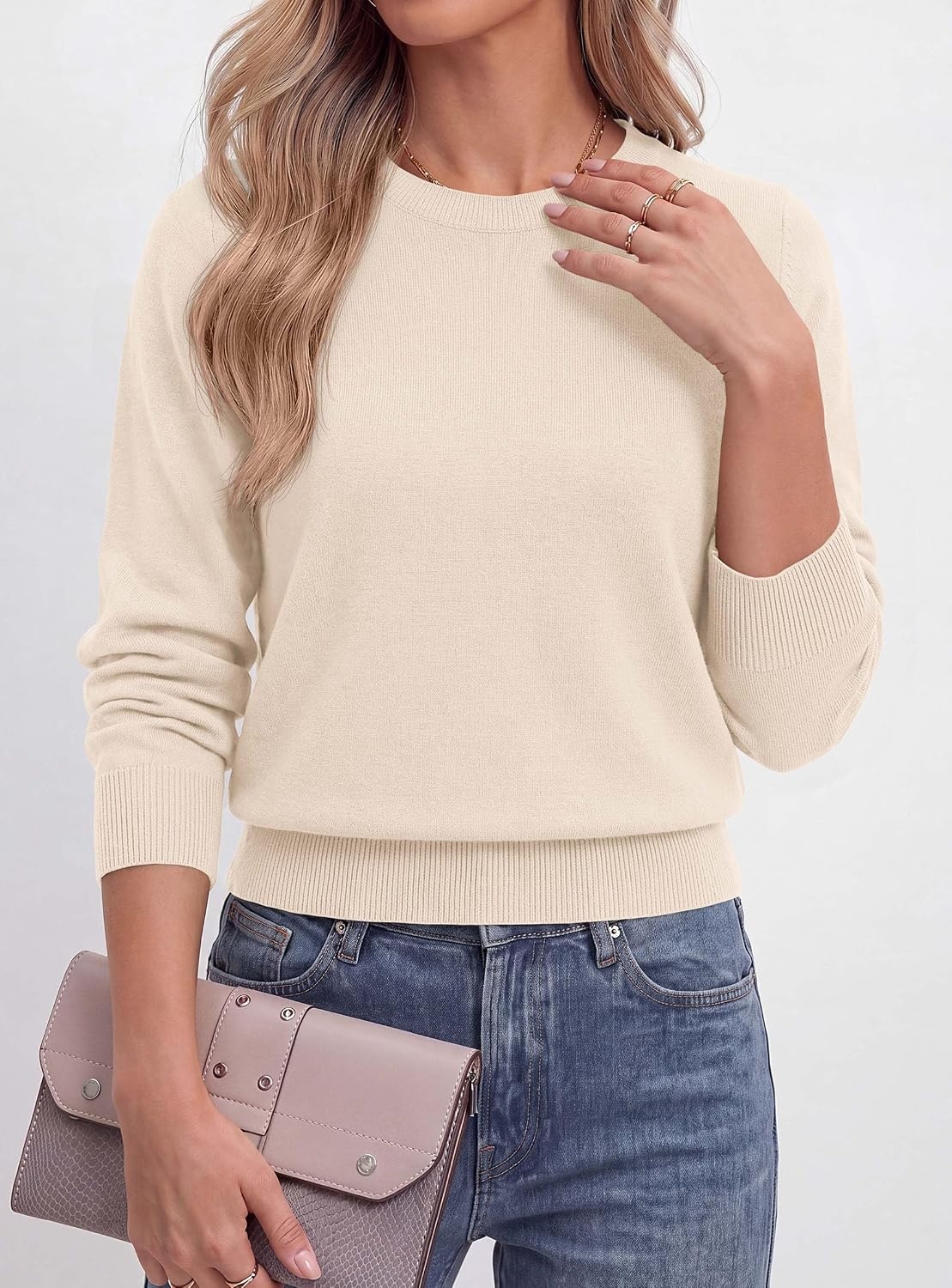 image:imagePRETTYGARDEN Womens Long Sleeve Crew Neck Cropped SweatersBeige