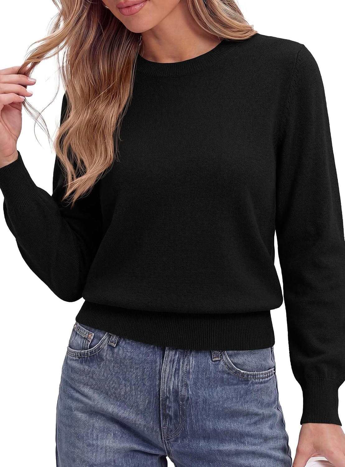 image:imagePRETTYGARDEN Womens Long Sleeve Crew Neck Cropped SweatersBlack
