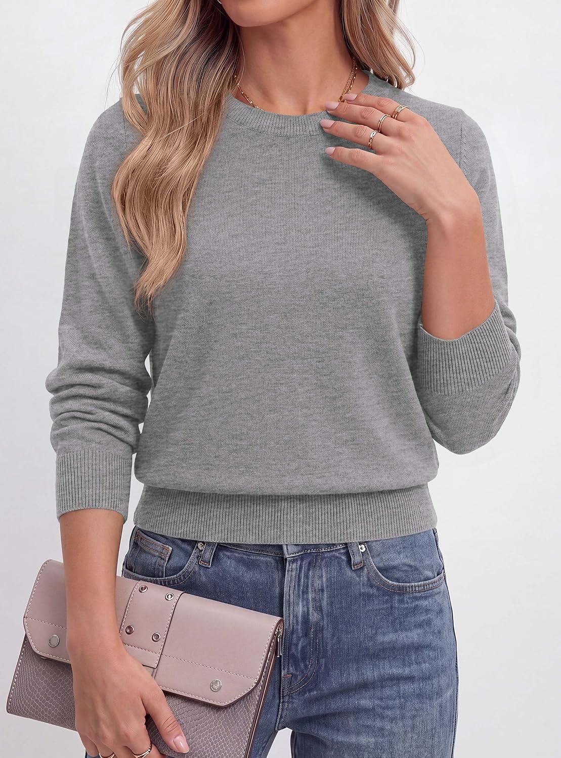 image:imagePRETTYGARDEN Womens Long Sleeve Crew Neck Cropped SweatersGrey