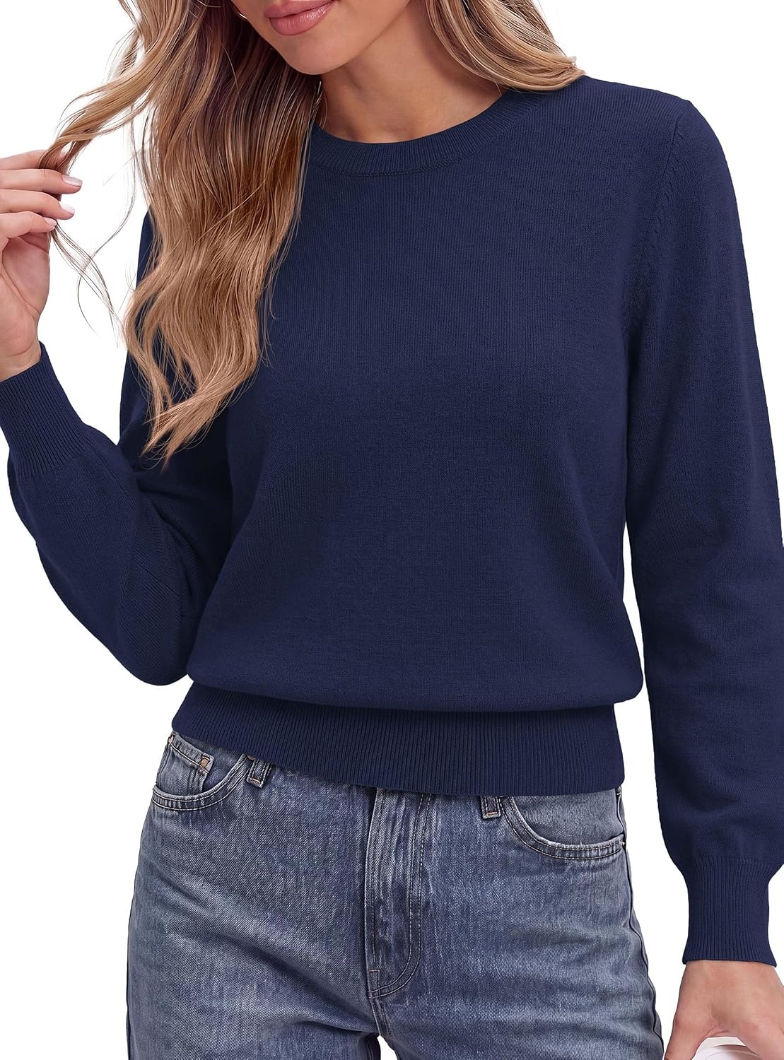 image:imagePRETTYGARDEN Womens Long Sleeve Crew Neck Cropped SweatersNavy Blue