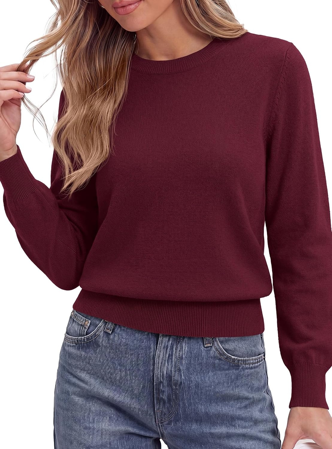 image:imagePRETTYGARDEN Womens Long Sleeve Crew Neck Cropped SweatersWine Red