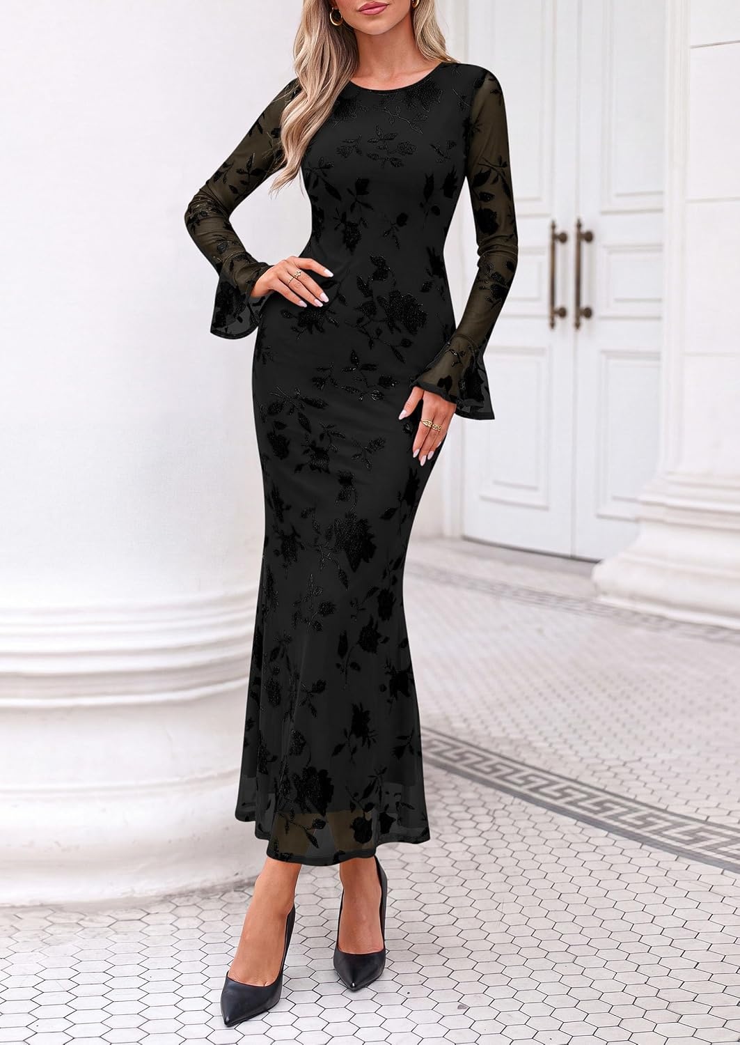 image:imagePRETTYGARDEN Womens Long Sleeve Floral Maxi Mesh DressBlack