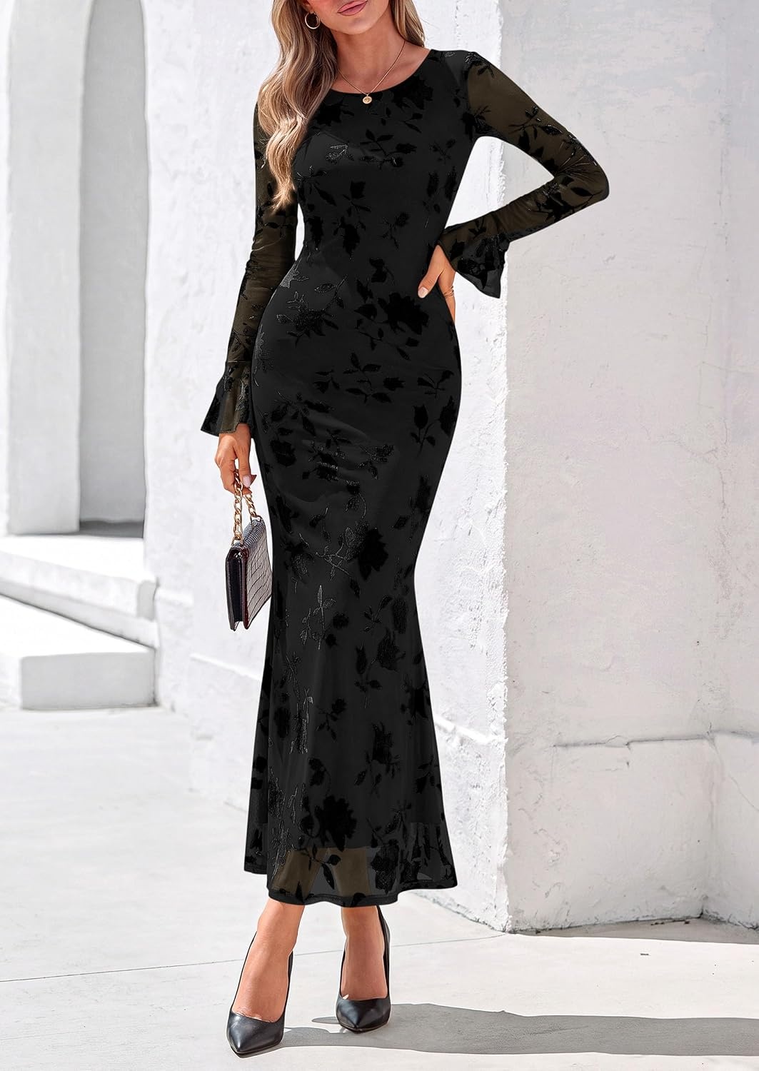 image:imagePRETTYGARDEN Womens Long Sleeve Floral Maxi Mesh DressBlack