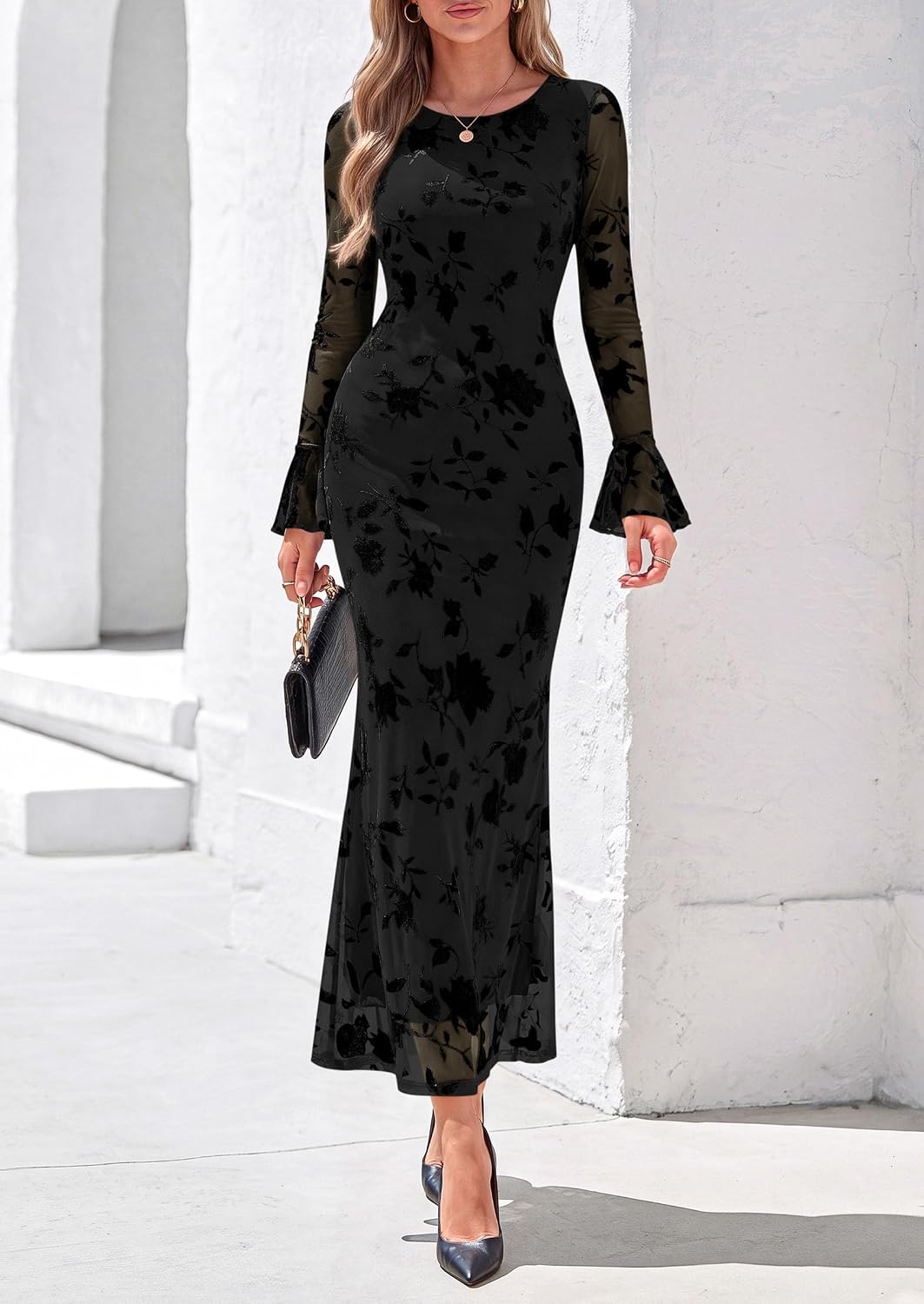 image:imagePRETTYGARDEN Womens Long Sleeve Floral Maxi Mesh DressBlack