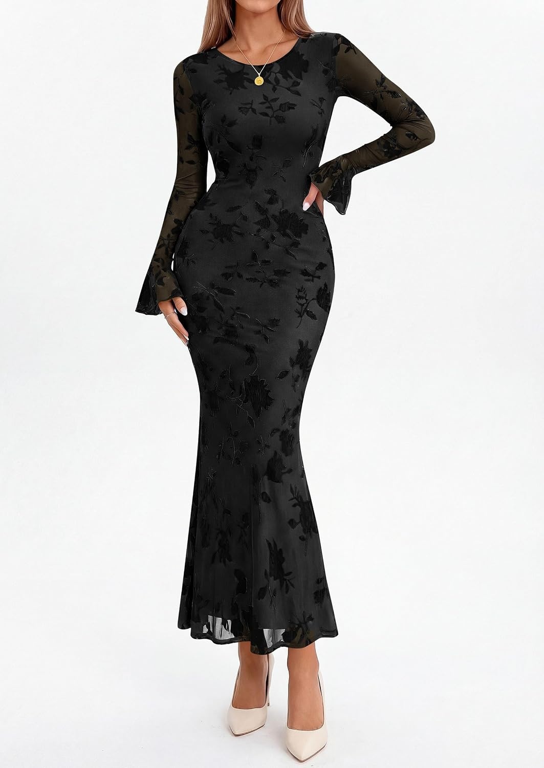 image:imagePRETTYGARDEN Womens Long Sleeve Floral Maxi Mesh DressBlack