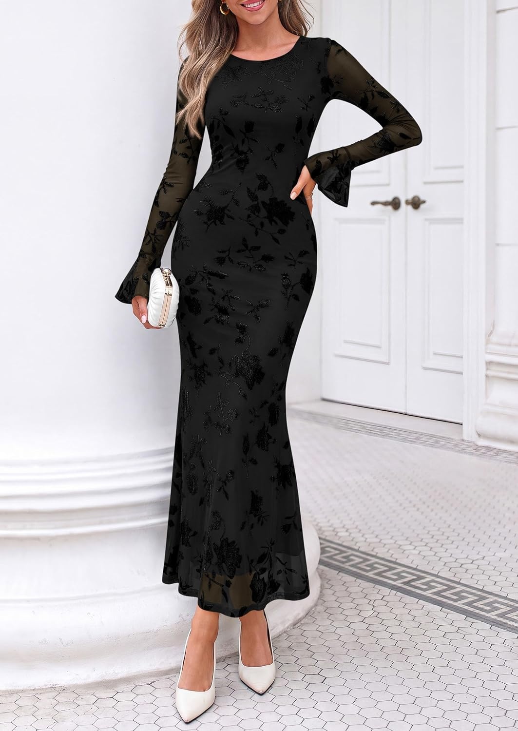 image:imagePRETTYGARDEN Womens Long Sleeve Floral Maxi Mesh DressBlack