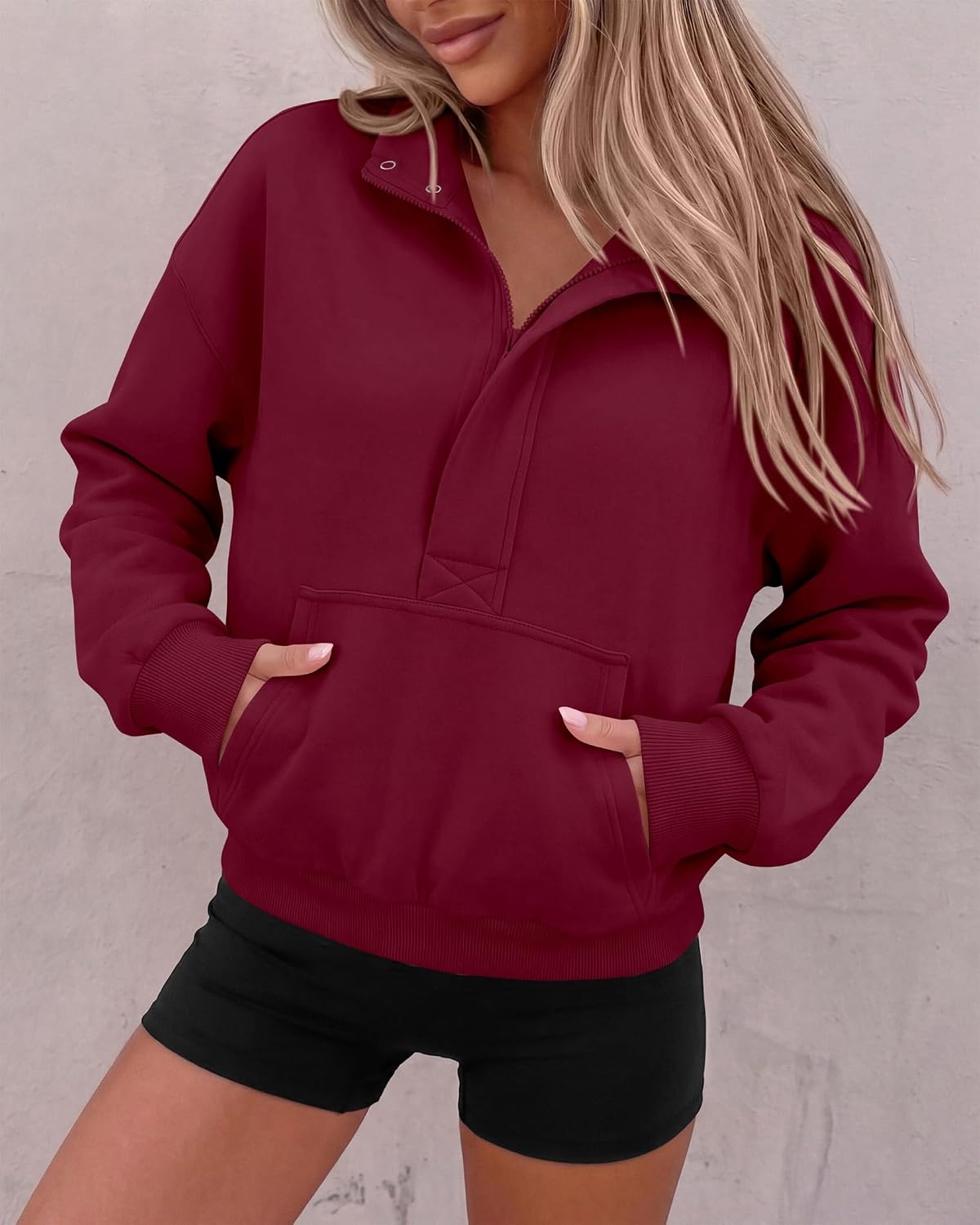 image:imagePRETTYGARDEN Womens Long Sleeve Quarter Zip Crop SweatshirtsBurgundy