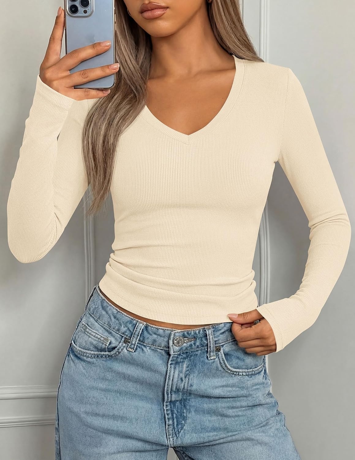 image:imagePRETTYGARDEN Womens Long Sleeve Ribbed V Neck Knit ShirtsBeige
