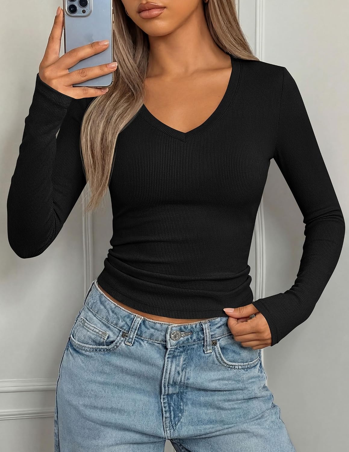 image:imagePRETTYGARDEN Womens Long Sleeve Ribbed V Neck Knit ShirtsBlack