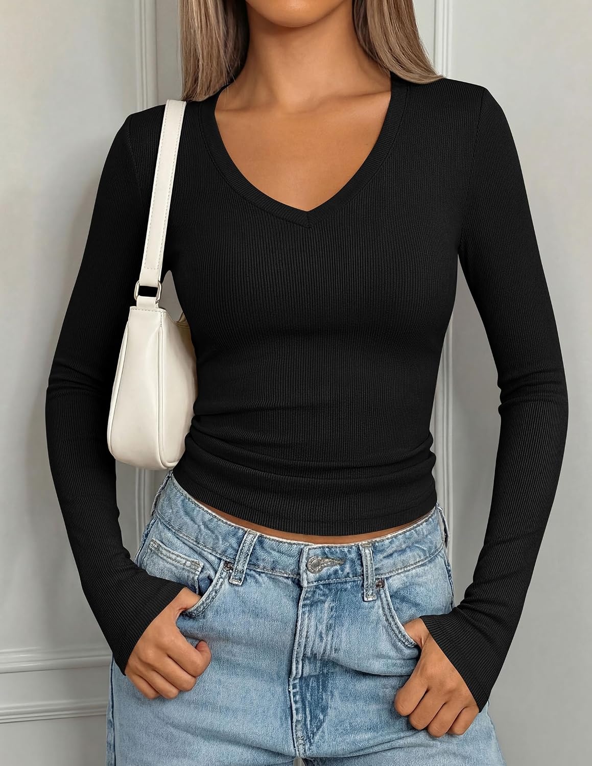 image:imagePRETTYGARDEN Womens Long Sleeve Ribbed V Neck Knit ShirtsBlack
