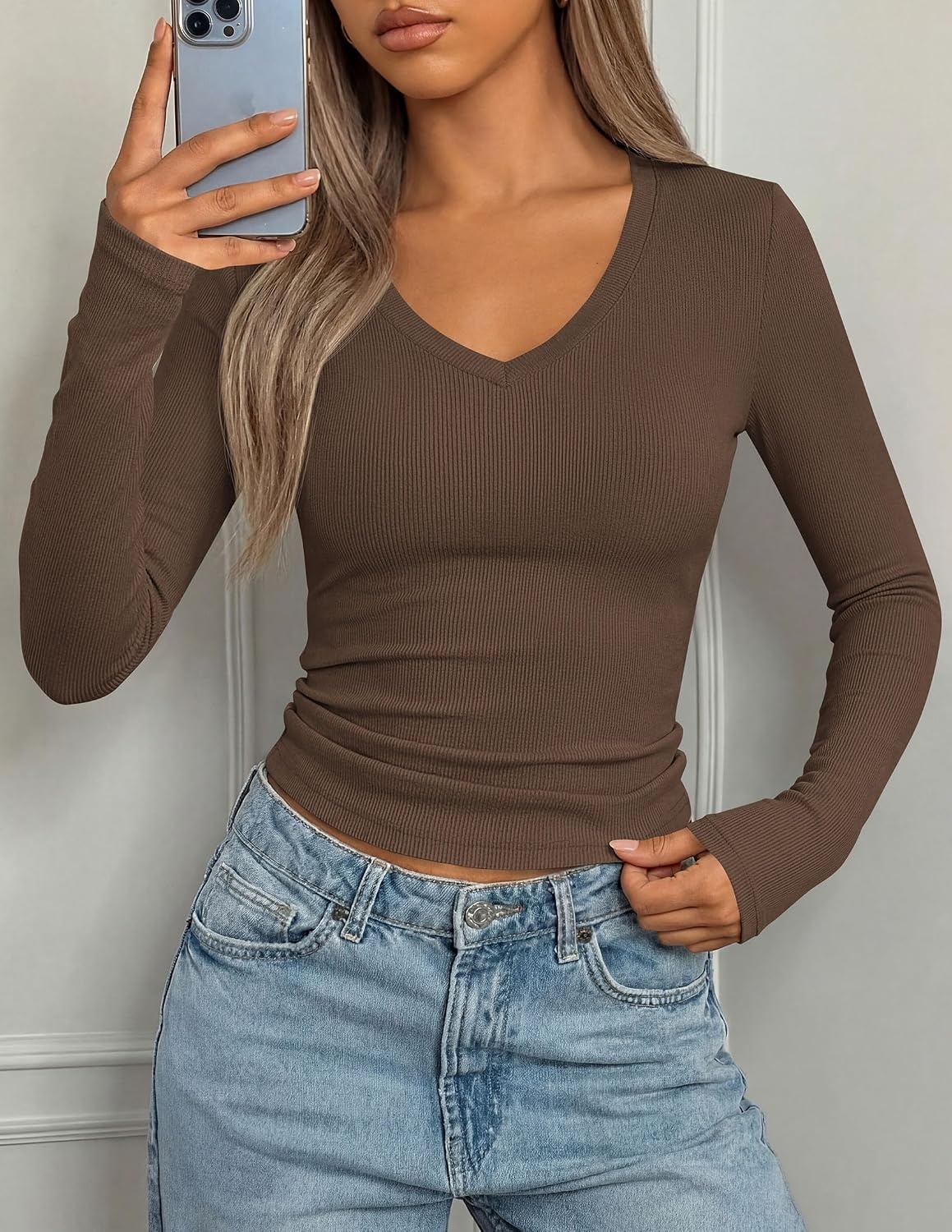 image:imagePRETTYGARDEN Womens Long Sleeve Ribbed V Neck Knit ShirtsCoffee