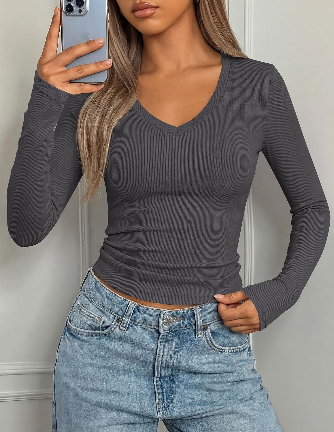 image:imagePRETTYGARDEN Womens Long Sleeve Ribbed V Neck Knit ShirtsDark Grey