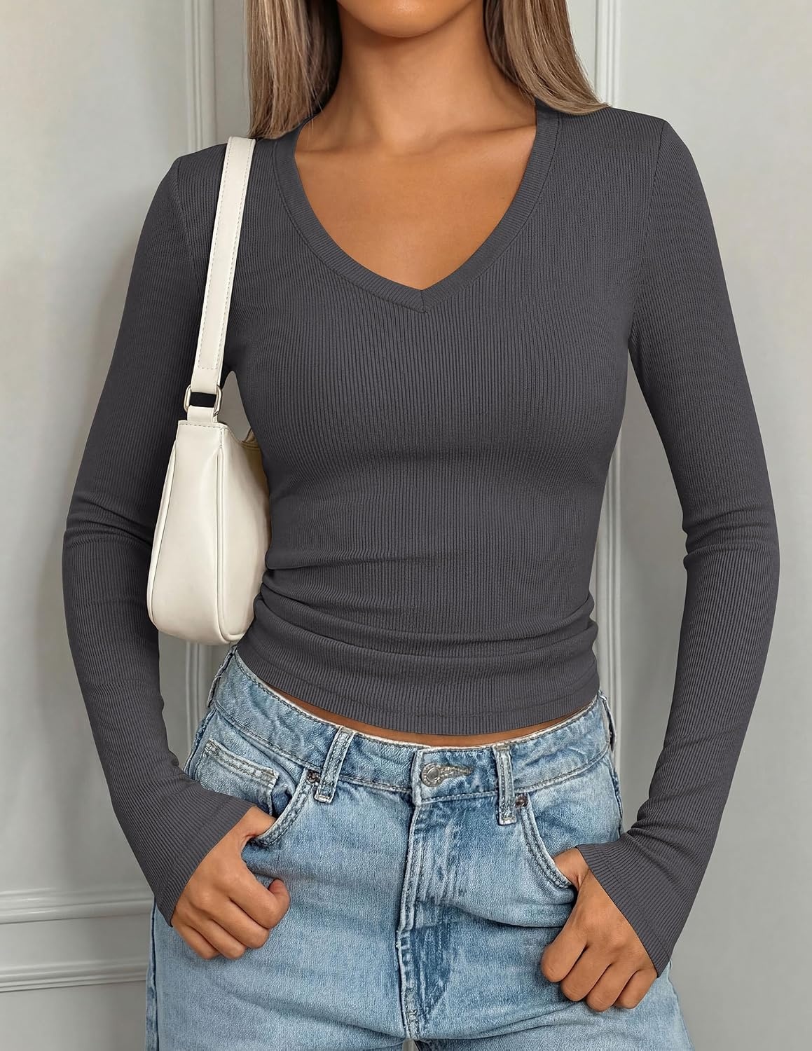image:imagePRETTYGARDEN Womens Long Sleeve Ribbed V Neck Knit ShirtsDark Grey