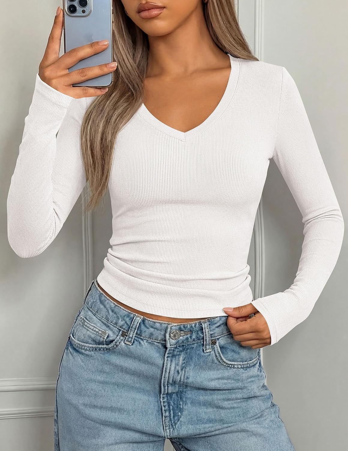 image:imagePRETTYGARDEN Womens Long Sleeve Ribbed V Neck Knit ShirtsWhite