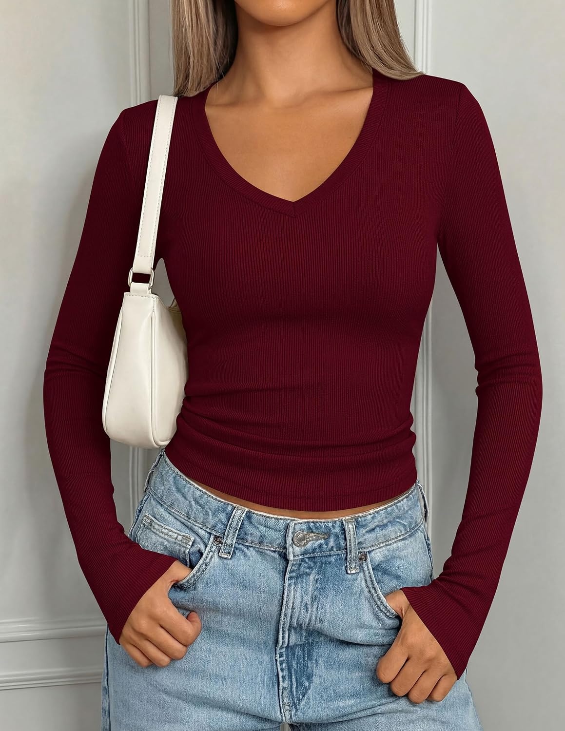 image:imagePRETTYGARDEN Womens Long Sleeve Ribbed V Neck Knit ShirtsWine Red