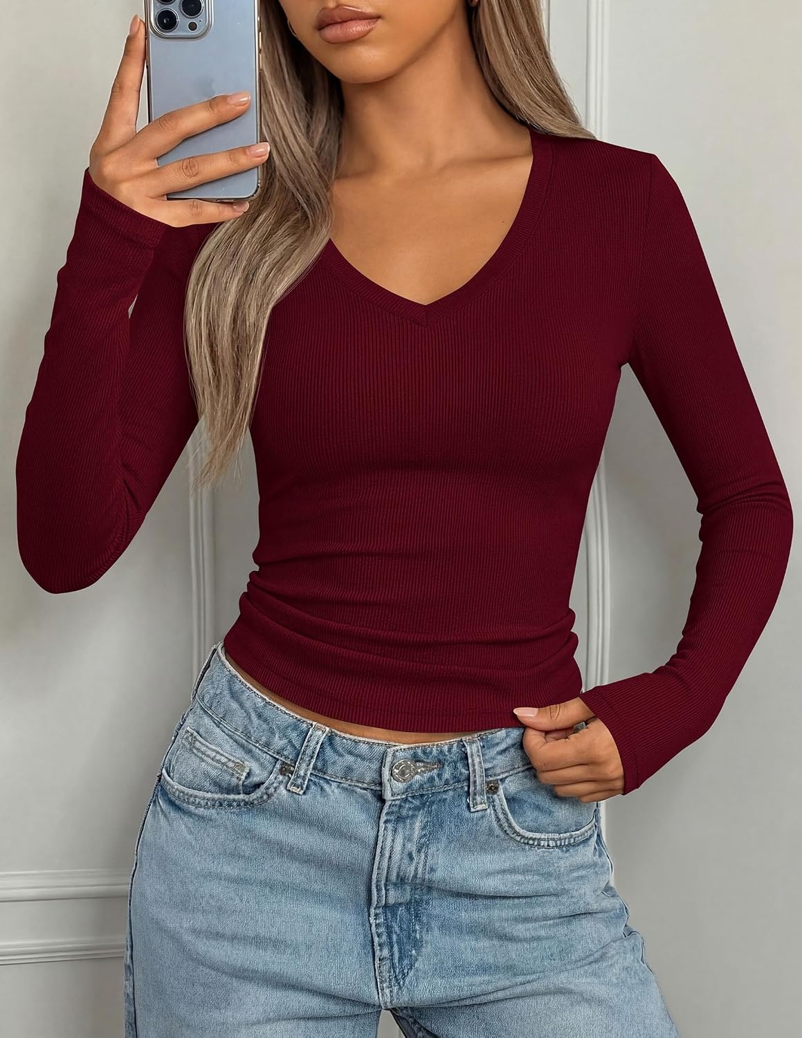 image:imagePRETTYGARDEN Womens Long Sleeve Ribbed V Neck Knit ShirtsWine Red