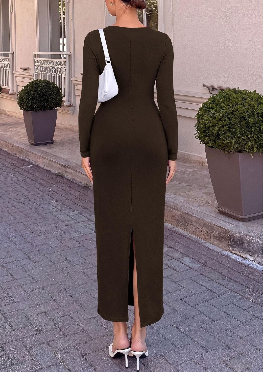 image:imagePRETTYGARDEN Womens Long Sleeve Ruched Bodycon Maxi DressBrown