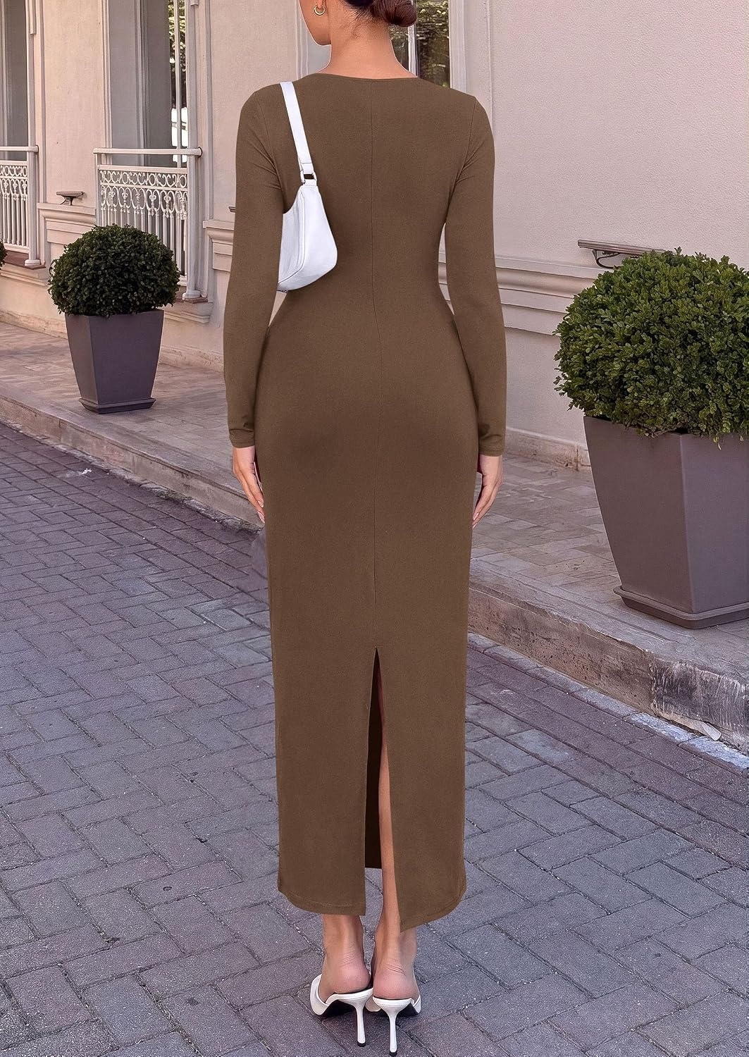 image:imagePRETTYGARDEN Womens Long Sleeve Ruched Bodycon Maxi DressCoffee