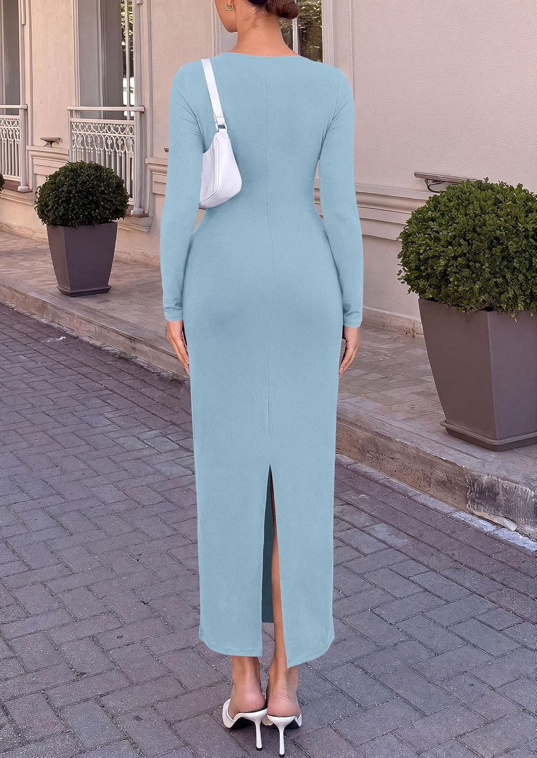 image:imagePRETTYGARDEN Womens Long Sleeve Ruched Bodycon Maxi DressLight Blue