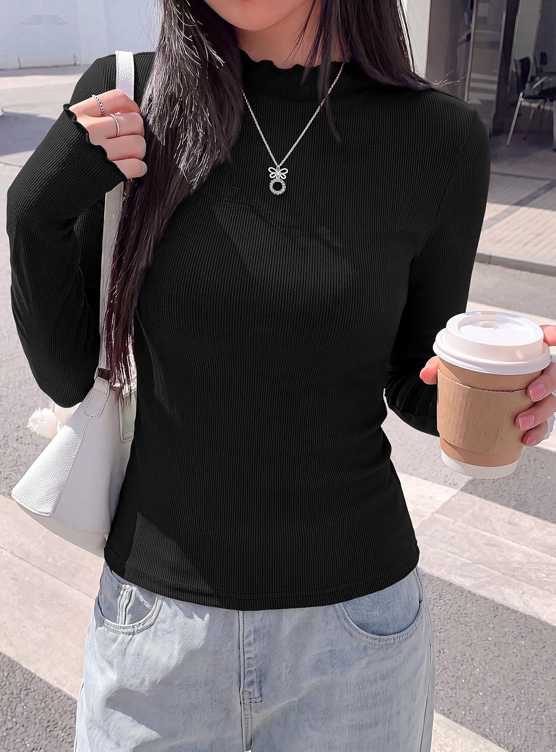 image:imagePRETTYGARDEN Womens Long Sleeve T Shirts Lettuce Trim Mock Neck TopsBlack