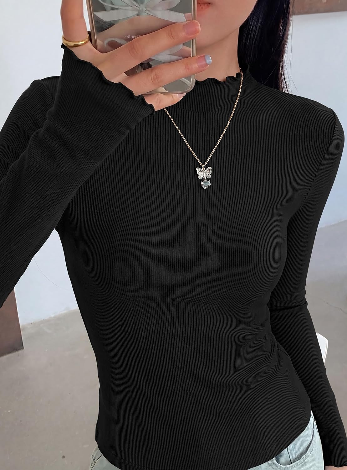 image:imagePRETTYGARDEN Womens Long Sleeve T Shirts Lettuce Trim Mock Neck TopsBlack
