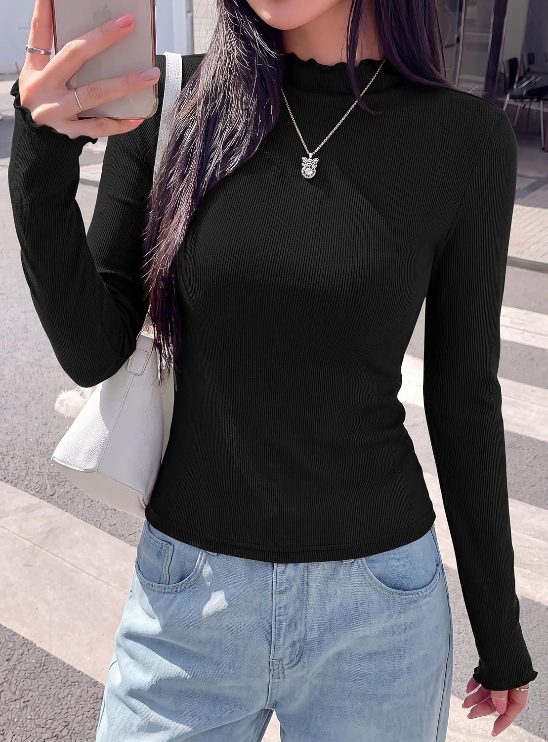 image:imagePRETTYGARDEN Womens Long Sleeve T Shirts Lettuce Trim Mock Neck TopsBlack