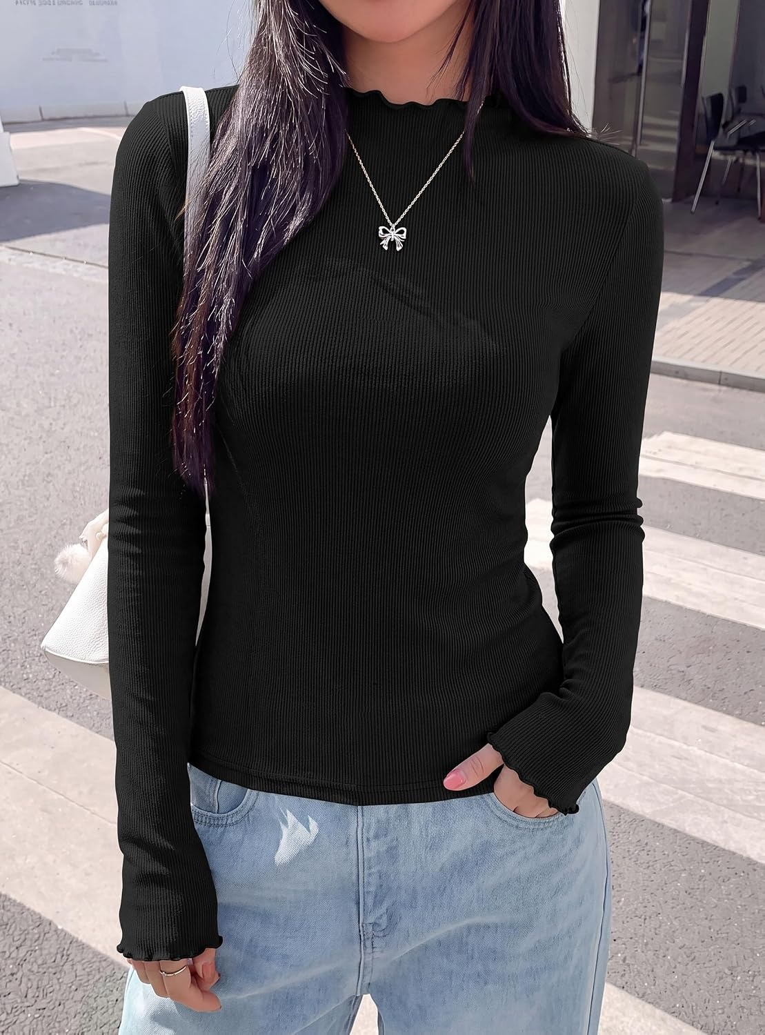 image:imagePRETTYGARDEN Womens Long Sleeve T Shirts Lettuce Trim Mock Neck TopsBlack