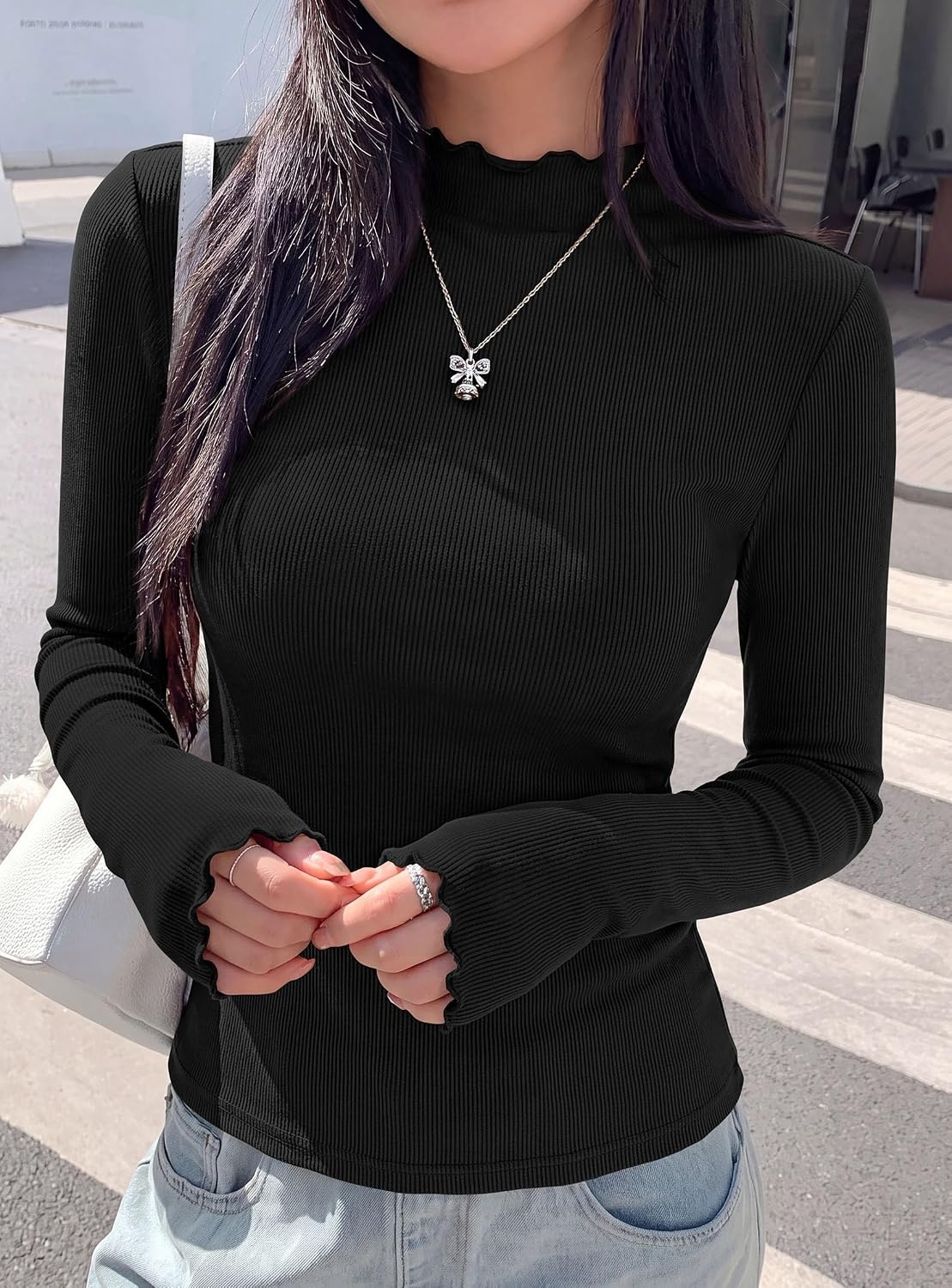 image:imagePRETTYGARDEN Womens Long Sleeve T Shirts Lettuce Trim Mock Neck TopsBlack