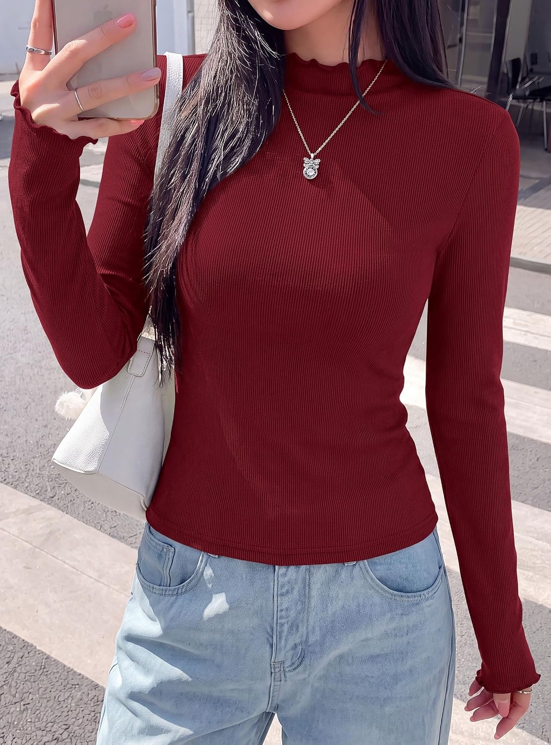 image:imagePRETTYGARDEN Womens Long Sleeve T Shirts Lettuce Trim Mock Neck TopsBurgundy