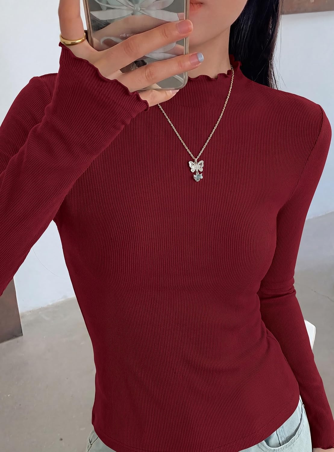 image:imagePRETTYGARDEN Womens Long Sleeve T Shirts Lettuce Trim Mock Neck TopsBurgundy
