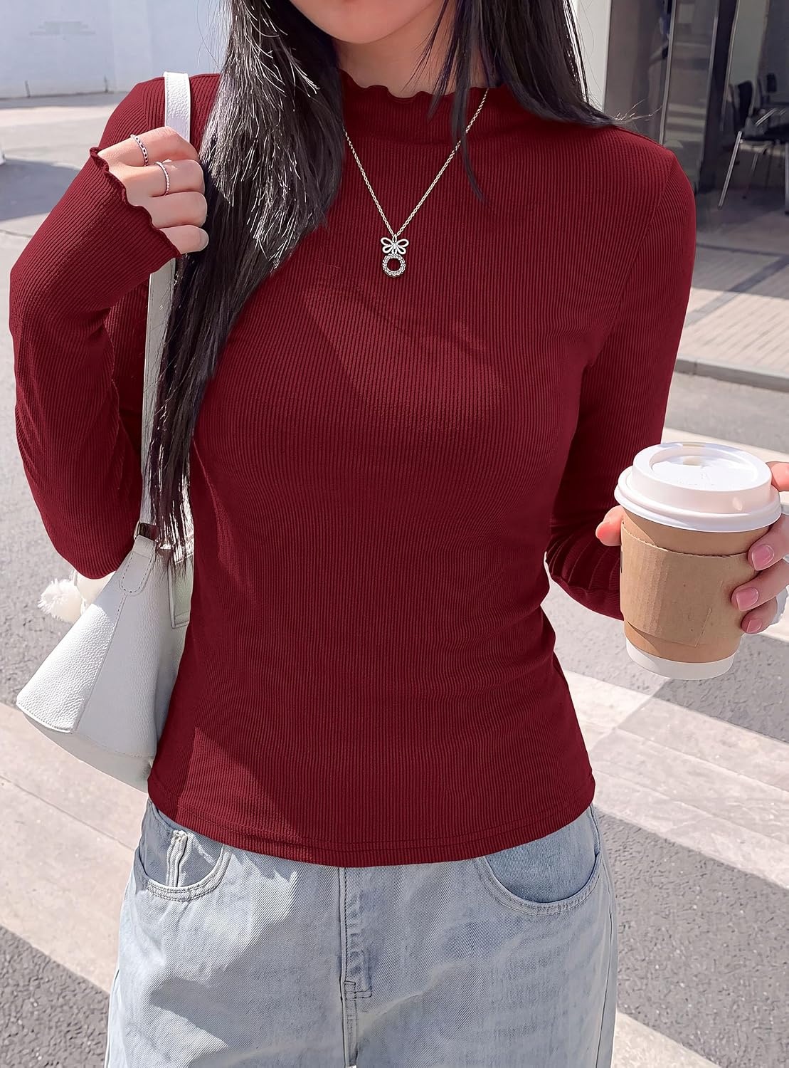 image:imagePRETTYGARDEN Womens Long Sleeve T Shirts Lettuce Trim Mock Neck TopsBurgundy