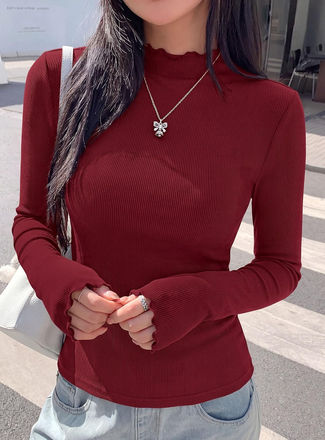 image:imagePRETTYGARDEN Womens Long Sleeve T Shirts Lettuce Trim Mock Neck TopsBurgundy