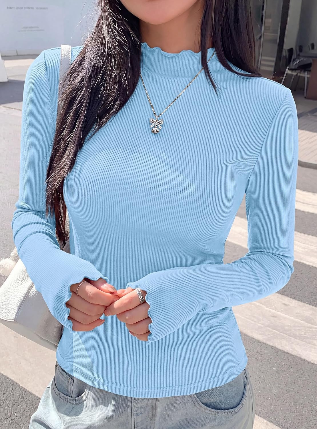 image:imagePRETTYGARDEN Womens Long Sleeve T Shirts Lettuce Trim Mock Neck TopsLight Blue
