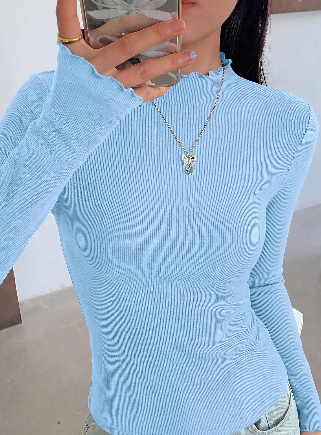 image:imagePRETTYGARDEN Womens Long Sleeve T Shirts Lettuce Trim Mock Neck TopsLight Blue