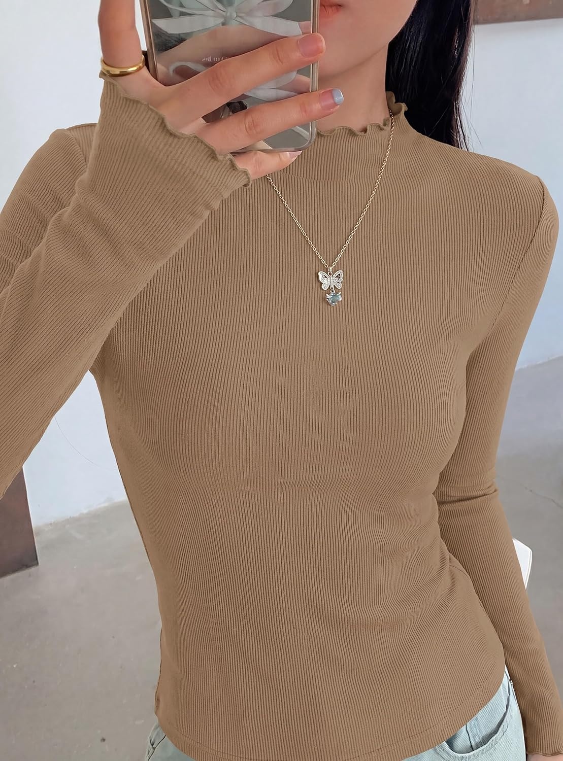 image:imagePRETTYGARDEN Womens Long Sleeve T Shirts Lettuce Trim Mock Neck TopsLight Khaki