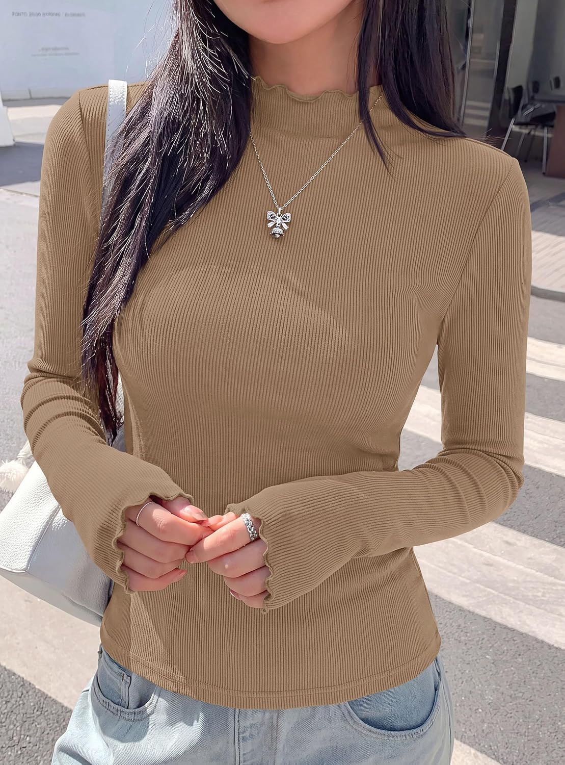 image:imagePRETTYGARDEN Womens Long Sleeve T Shirts Lettuce Trim Mock Neck TopsLight Khaki