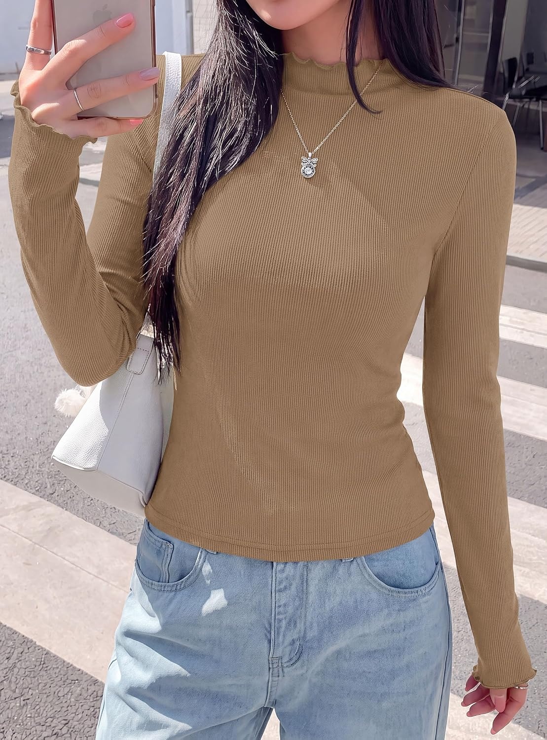 image:imagePRETTYGARDEN Womens Long Sleeve T Shirts Lettuce Trim Mock Neck TopsLight Khaki