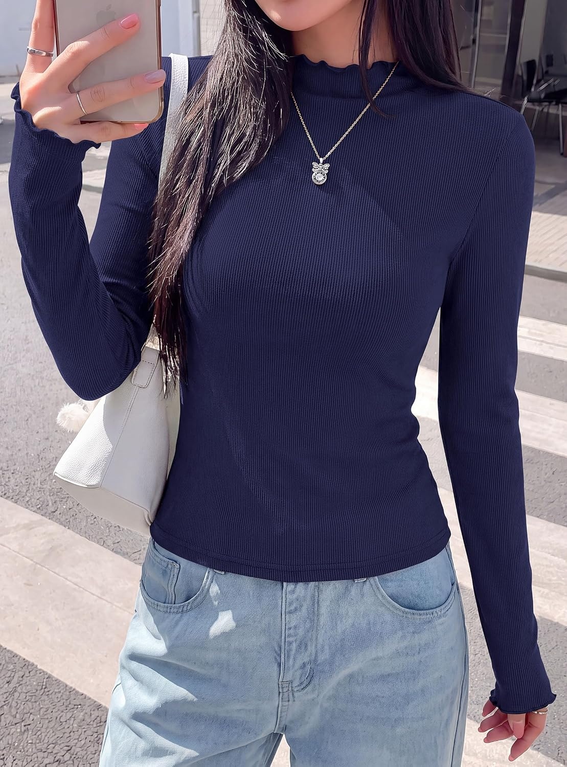 image:imagePRETTYGARDEN Womens Long Sleeve T Shirts Lettuce Trim Mock Neck TopsNavy Blue