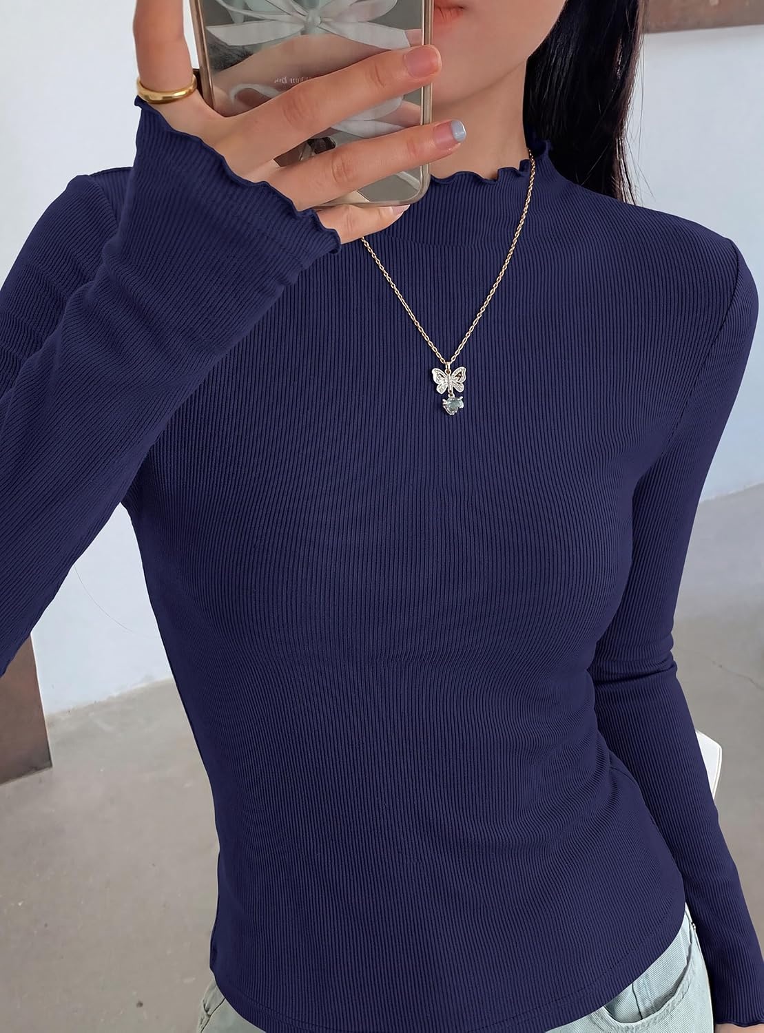 image:imagePRETTYGARDEN Womens Long Sleeve T Shirts Lettuce Trim Mock Neck TopsNavy Blue