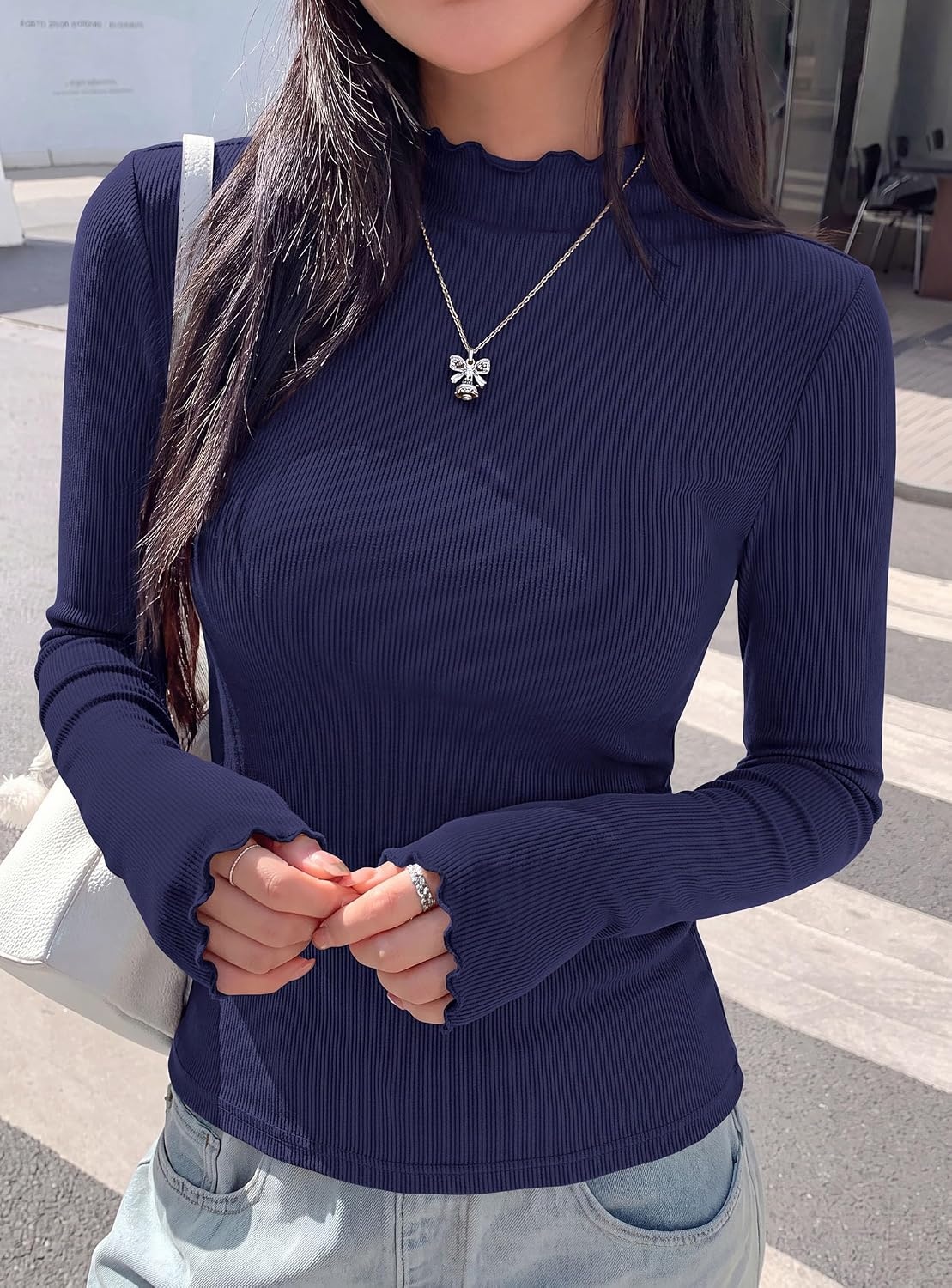 image:imagePRETTYGARDEN Womens Long Sleeve T Shirts Lettuce Trim Mock Neck TopsNavy Blue