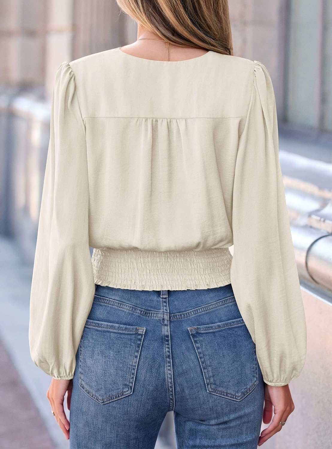 image:imagePRETTYGARDEN Womens Long Sleeve V Neck Wrap BlouseApricot