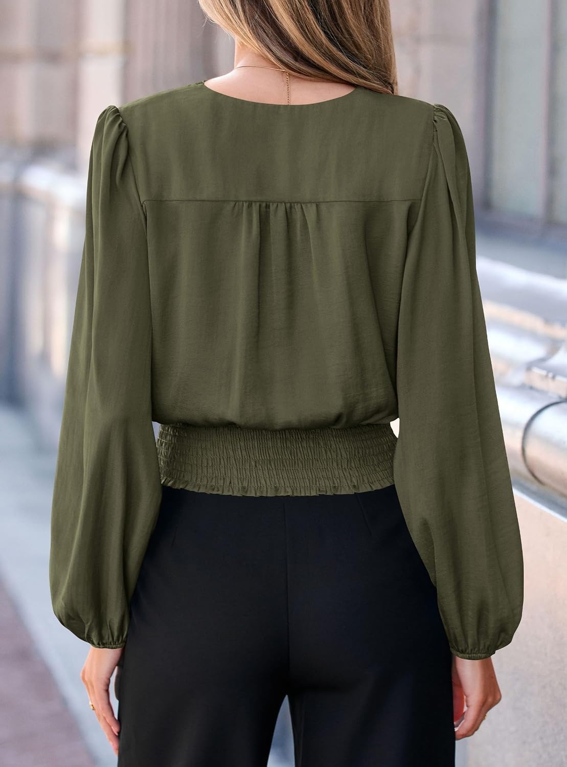 image:imagePRETTYGARDEN Womens Long Sleeve V Neck Wrap BlouseArmy Green
